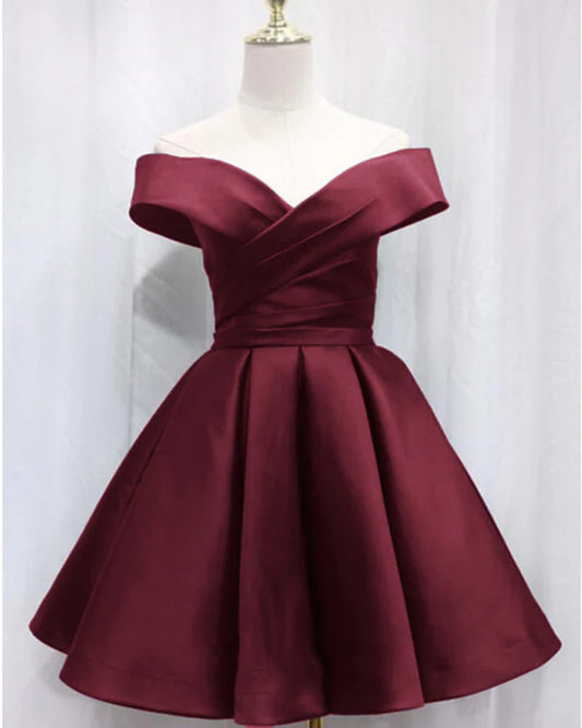 Vintage Satin Off-the-Shoulder Kurzes A-Linie Partykleid Cocktailkleid Homecoming Kleid DP6480