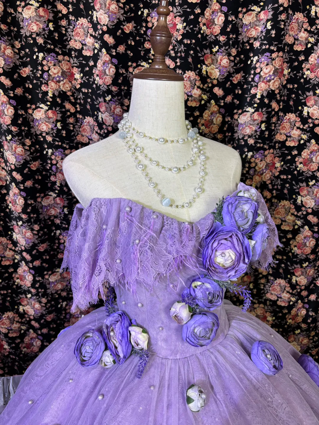 Robe de bal de quinceañera vintage lavande à épaules dénudées et imprimé floral 3D, coupe trapèze, DP7061
