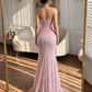 Elegant Pink Strapless Sweetheart Mermaid Lace Corset High Slit Evening Gown DP8489