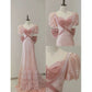Vintage Pink Sequin Puff Sleeve A-Line Prom Dress Tiered Ruffle Hem Evening Gown DP8283
