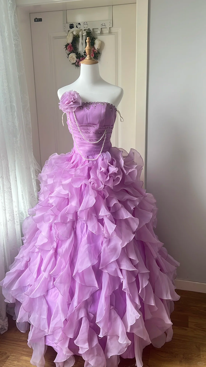 Vintage Lilac Organza 3D Flower Ruffled Tiered Sweet 16 Quinceanera Ball Gown DP7361