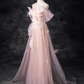 Vintage Pink Tulle Prom Dress A-Line Butterflies Evening Gown Off-the-shoulder Party Dress Long Formal Dress DP6923