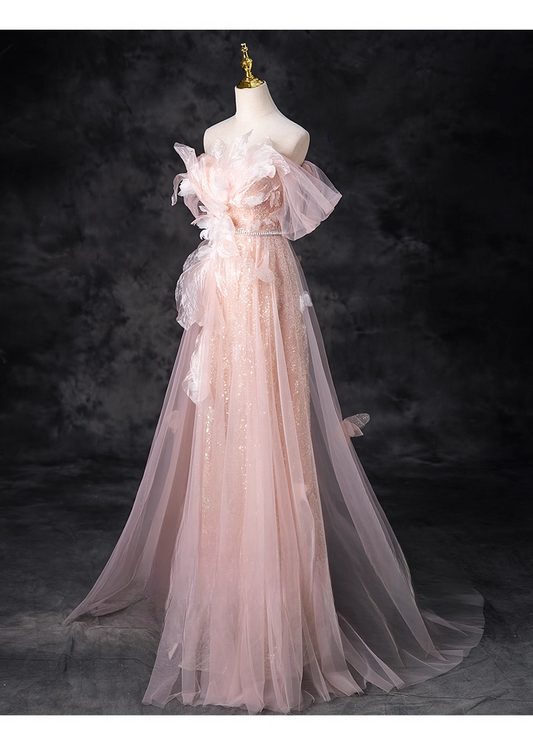 Vintage Pink Tulle Prom Dress A-Line Butterflies Evening Gown Off-the-shoulder Party Dress Long Formal Dress DP6923