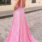Elegant Pink Sparkle Sequin Lace Ball Gown Sweetheart A-Line Prom Dress Tie Straps Evening Gown DP8190