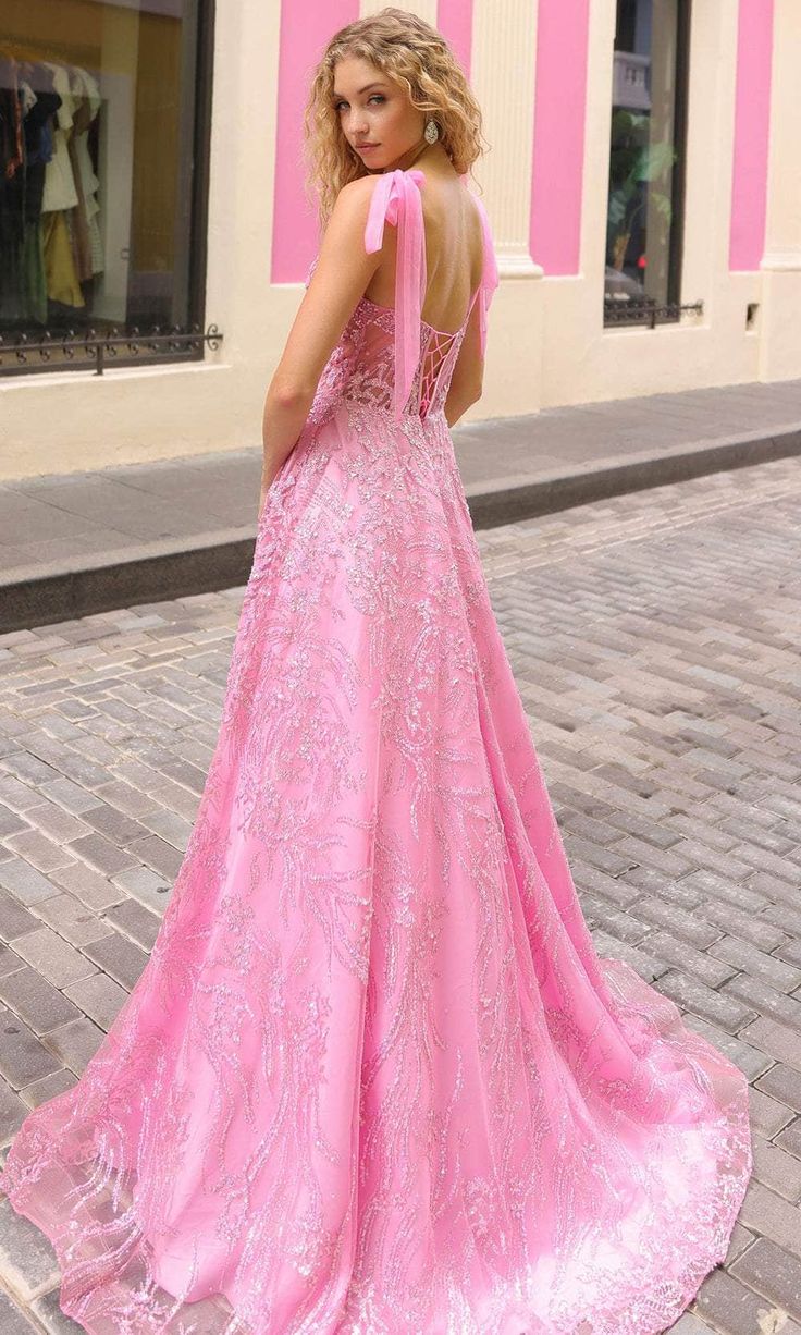 Elegant Pink Sparkle Sequin Lace Ball Gown Sweetheart A-Line Prom Dress Tie Straps Evening Gown DP8190