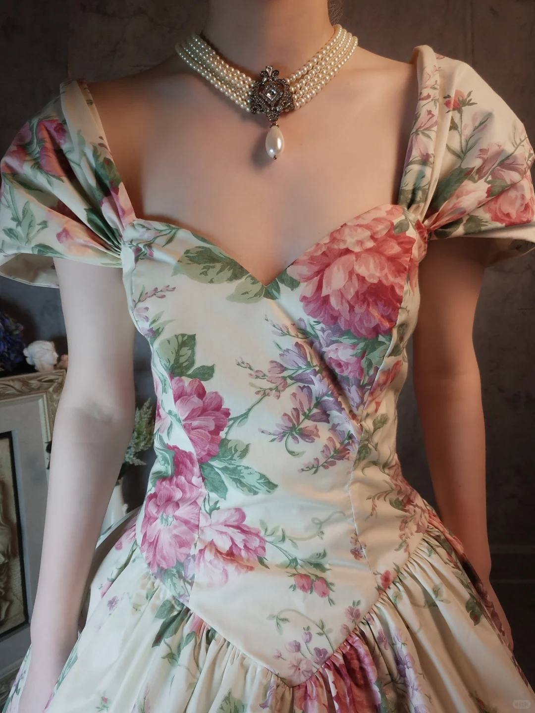 Vintage Sweetheart Floral Design Romantic Short-sleeved Evening Dress Prom Dress  DP6057