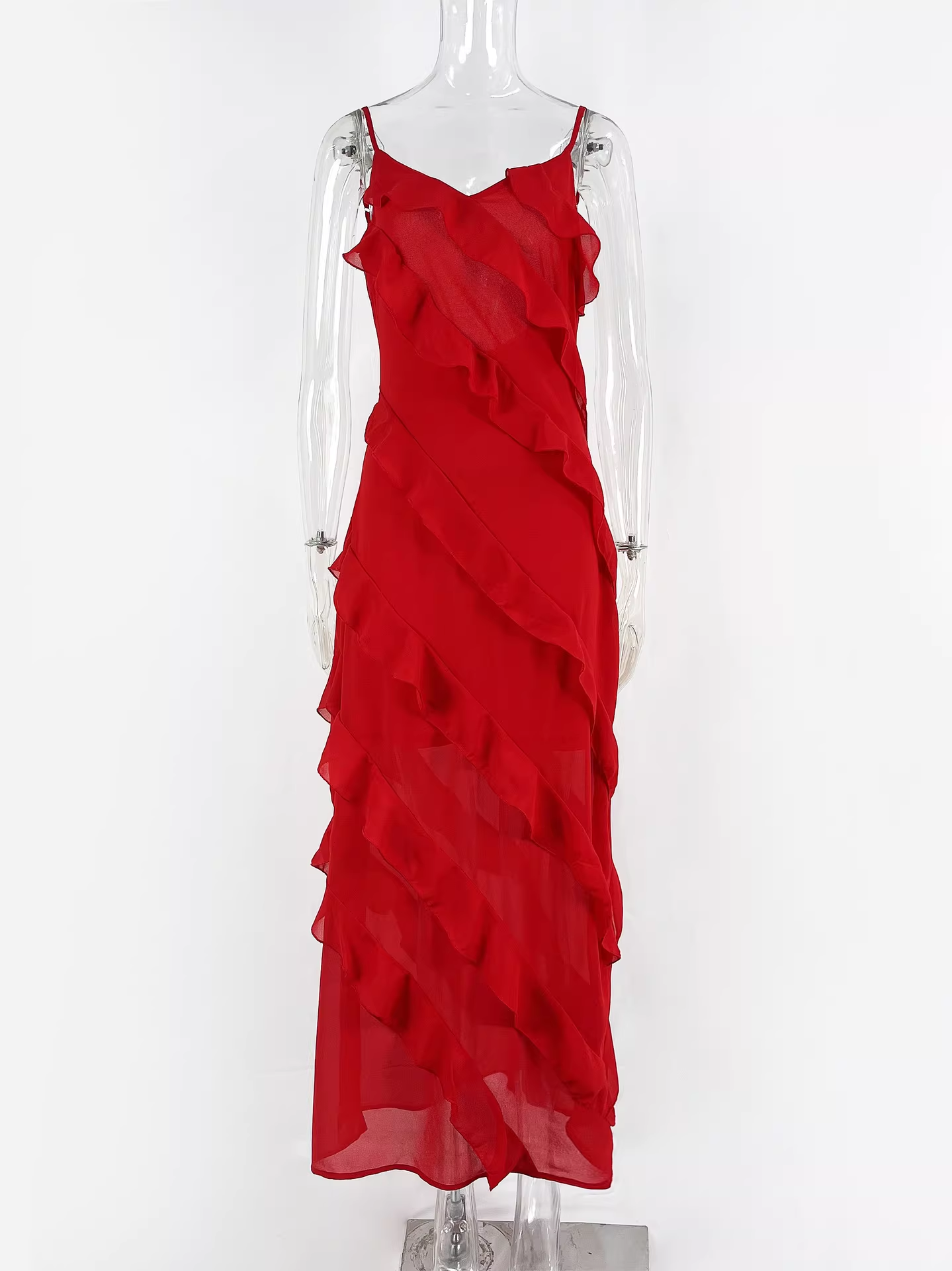 Elegant Ruffled Prom Gown Sheath Spaghetti Straps Evening Dress DP8151
