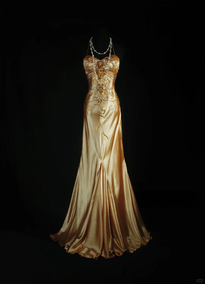 Glamorous Champagne Gold Satin Sweetheart Sheath Beaded Halter-Neck Evening Gown DP7380