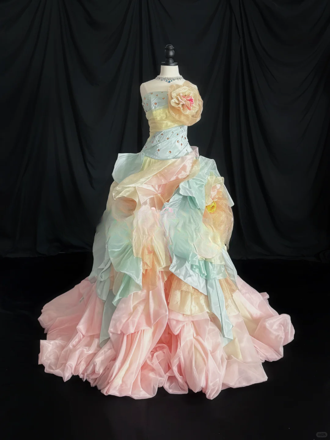 Unique Pastel Rainbow Strapless 3D Floral Applique Ruffled Layers Sweet 16 Quinceanera Ball Gown DP7273