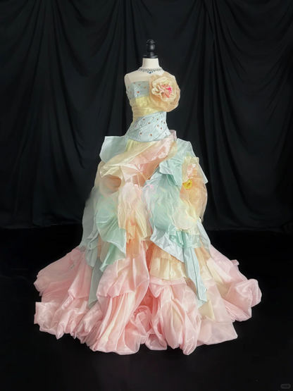 Unique Pastel Rainbow Strapless 3D Floral Applique Ruffled Layers Sweet 16 Quinceanera Ball Gown DP7273