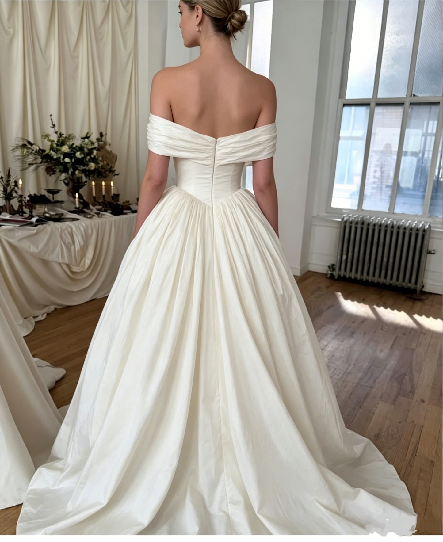 Romantisches elfenbeinfarbenes schulterfreies A-Linien-Brautkleid aus Taft DP8434