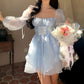 Lovely Light Blue Square Neck Puff Sleeve Homecoming Dress Tiered Tulle Mini Party Gown DP8261