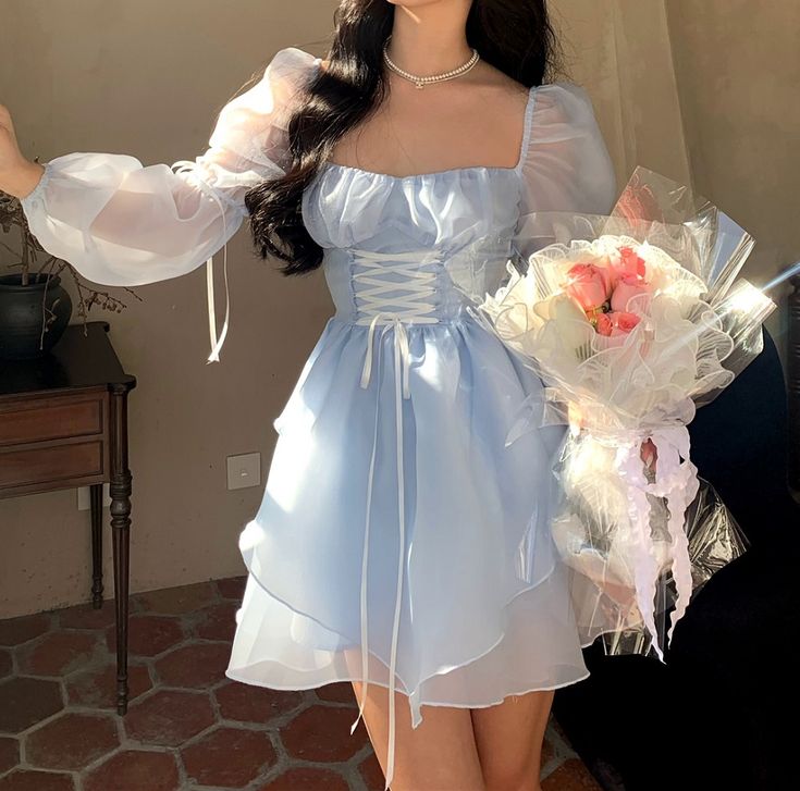 Lovely Light Blue Square Neck Puff Sleeve Homecoming Dress Tiered Tulle Mini Party Gown DP8261