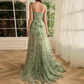 Elegant Sage Green 3D Floral Tulle Maxi High Slit Evening Dress DP8072