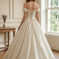 Vintage Ivory Off-the-Shoulder 3D Floral Satin Jacquard A-Line Wedding Dress DP8600