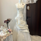 Elegant White Beaded Applique Satin Wedding Dress Mermaid Strapless Bridal Gown DP7132