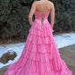 Dreamy Strapless Swetheart Ruffled Tiered High Slit Ball Gown DP8159