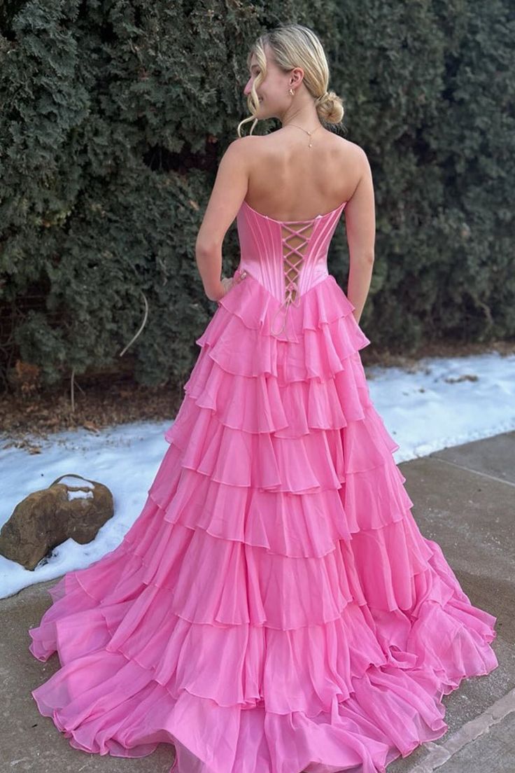 Dreamy Strapless Swetheart Ruffled Tiered High Slit Ball Gown DP8159