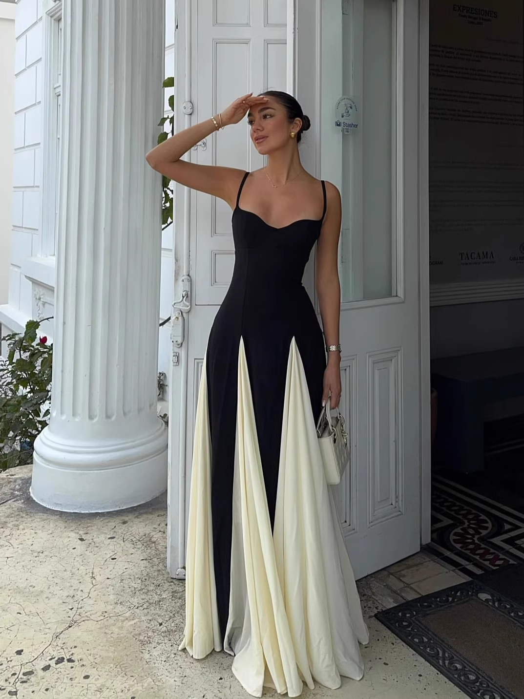 Vintage Black and White A-Line Prom Dress Spaghetti Strap Evening Dress Long Formal Dress, DP6608