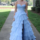 Dreamy Strapless Swetheart Ruffled Tiered High Slit Ball Gown DP8159