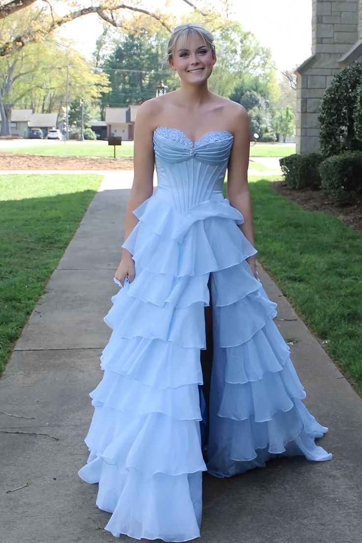 Dreamy Strapless Swetheart Ruffled Tiered High Slit Ball Gown DP8159