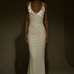 Elegant Ivory V Neck Appliques Sheath Long Evening Party Dress, DP2865