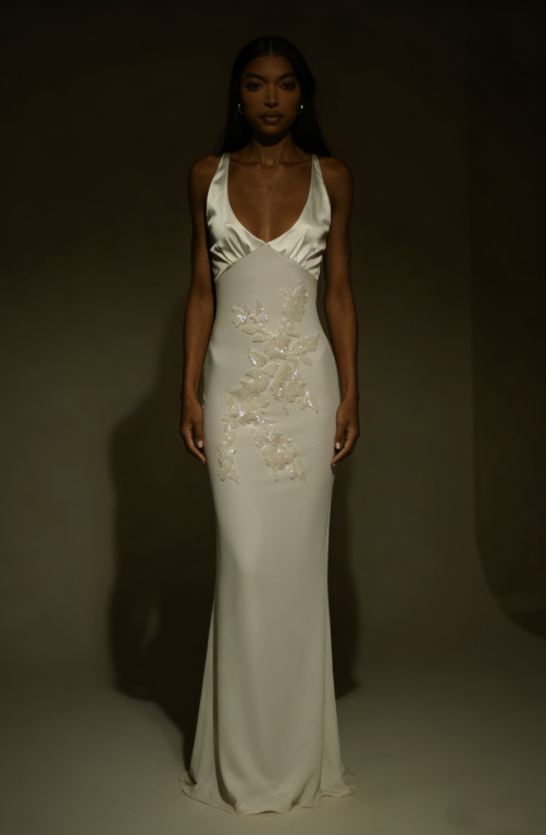 Elegant Ivory V Neck Appliques Sheath Long Evening Party Dress, DP2865