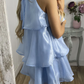 Blue Halter Layered Short Party Dress Homecoming Dress, DP2727