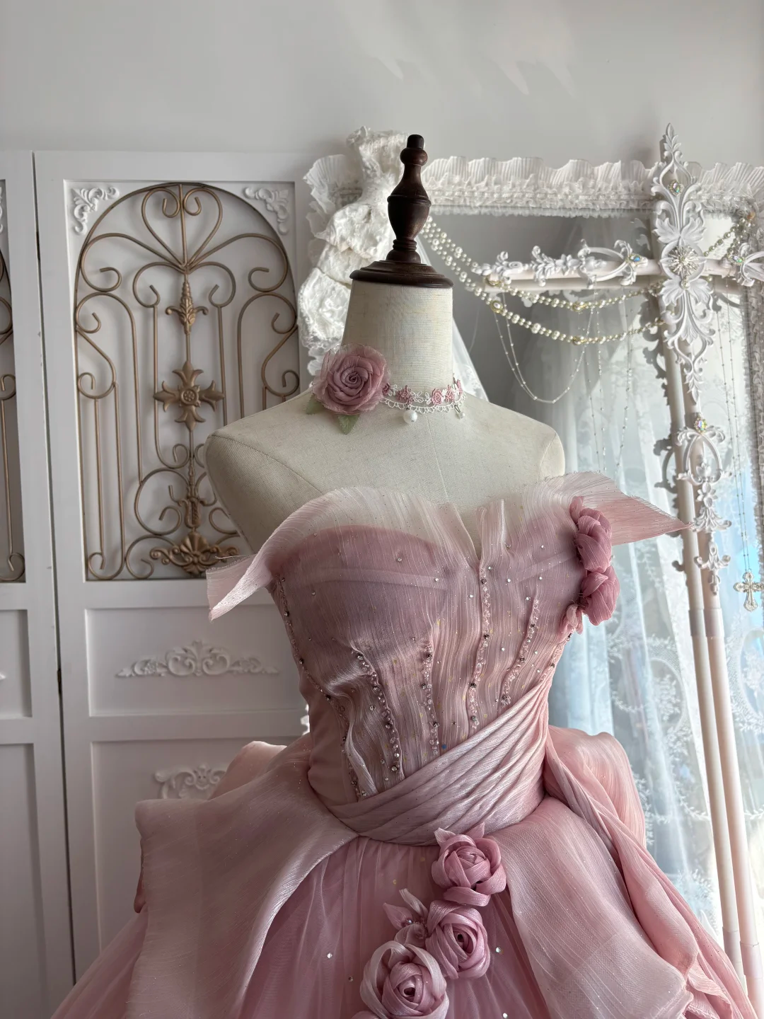 Elegant Pink Strapless Prom Dress 3D Floral Rose Tulle Evening Gown Sweet 15 Quinceanera Ball Gown DP8138