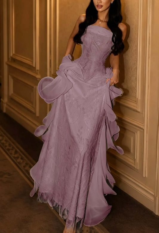 Elegant Strapless Dusty Purple Lace Mermaid Organza Ruffle A-Line Evening Gown DP8705