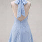 Elegant Light Blue 3D Floral Halter-Neck Ruched A-Line Homecoming Dress DP8736