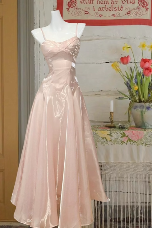 Elegant Pink Satin Evening Gown Spaghetti Strap Sweetheart Neckline A-Line Prom Dress DP7626