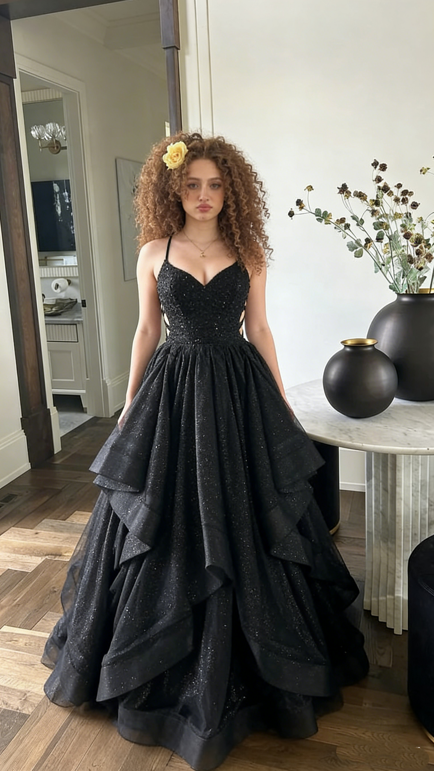 Vintage Black Glitter Tulle Sweetheart Spaghetti Strap Party Dress Birthday Ball Gown DP3832