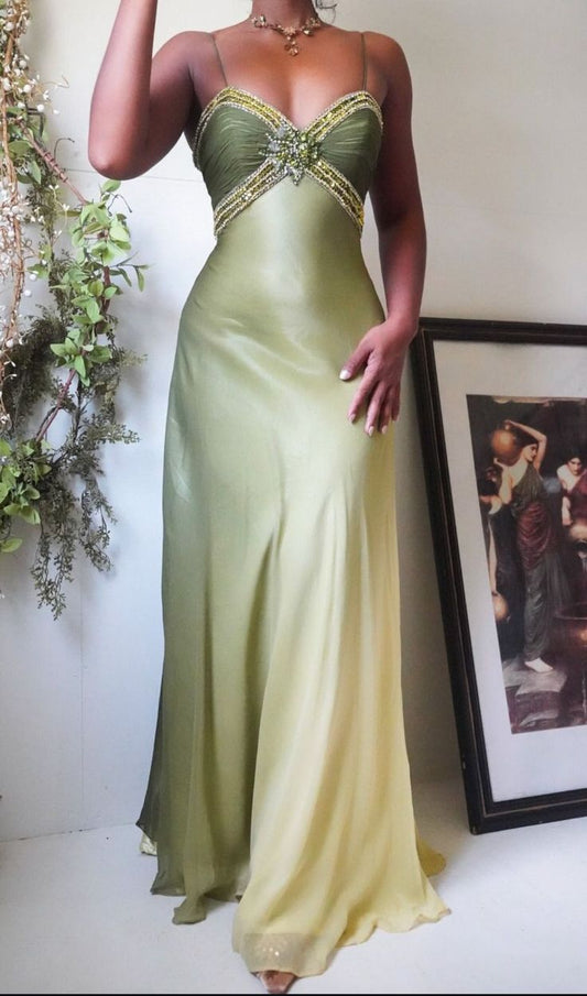 Dreamy Ombre Green Chiffon Evening Gown Beadeds Spaghetti Strap Prom Dress DP8275