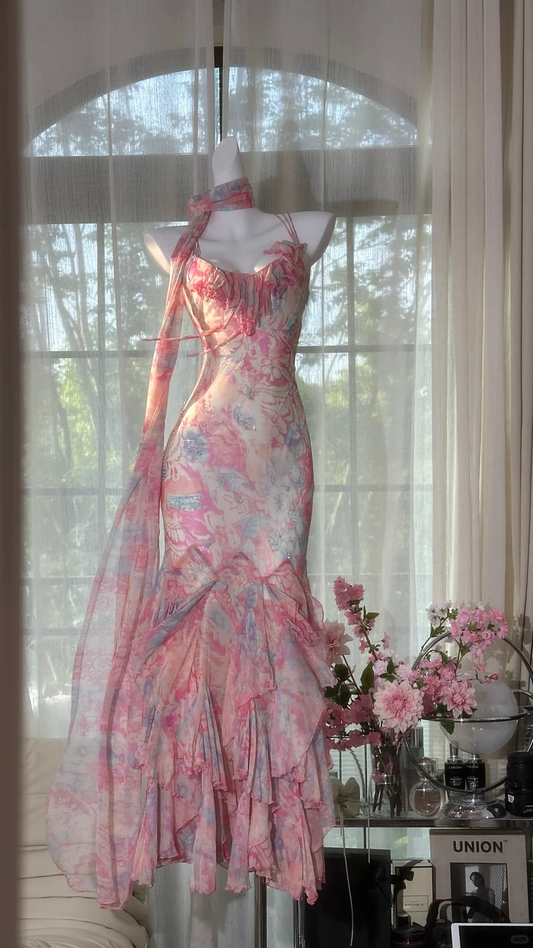 Gorgeous Pink Floral Seuqin Mermaid Chiffon Long Prom Dress Evening Dress DP6362