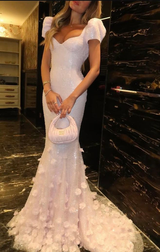 Unique White Mermaid Prom Dress Glittering 3D Flowers Evening Gown Short-sleeved Party Dress Floor-length Formal Dress DP6879