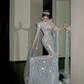 Elegantes glitzerndes silbernes Perlen-Pailletten-Design Meerjungfrau-Brautkleid Ballkleid Abendkleid DP6247
