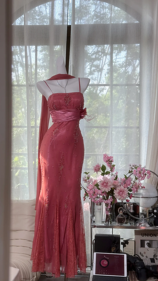 Glamorous Dusty Rose Beaded Mermaid Evening Gown Spaghetti Strap Prom Dress with Shawl DP8130