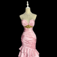 Vintage Pink Satin Sweetheart Neckline Beaded Mermaid Ruffled Tiered Evening Gown DP7353