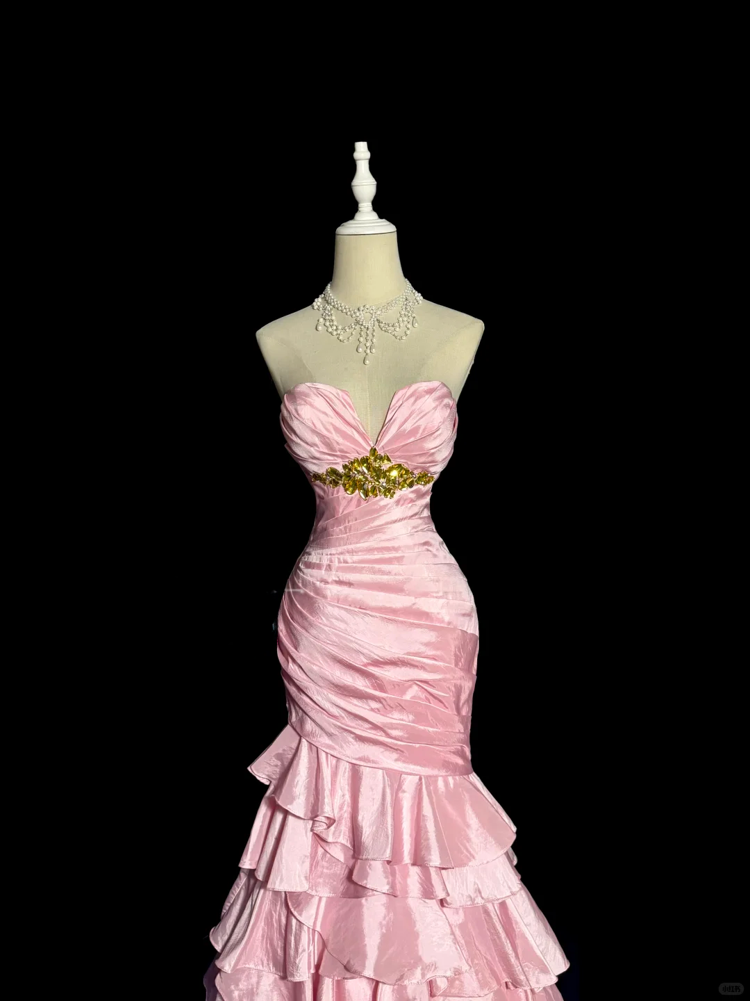 Vintage Pink Satin Sweetheart Neckline Beaded Mermaid Ruffled Tiered Evening Gown DP7353