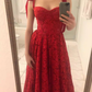 Glamorous Red Lace Tie Shoulder Sweetheart A-Line Midi Prom Dress Formal Evening Gown DP8209