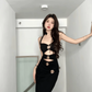 Elegant Black Halter-neck Rose Metal Button Prom Dress Sheath Evening Gown Party Dress Trailing Long Formal Dress DP6807