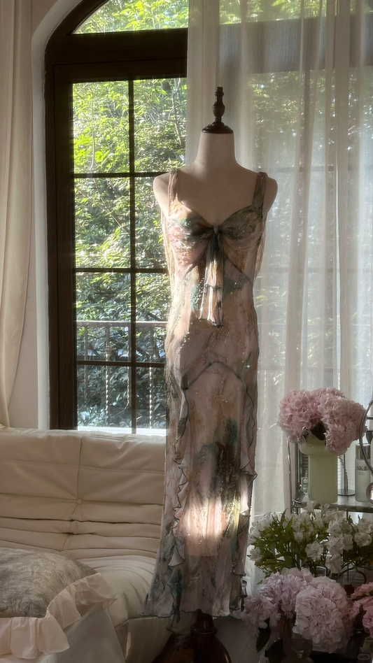 Vintage Sparkling Spaghetti Strap Backless Sweetheart Design Romantic Chiffon Evening Dress Prom Dress, DP5991