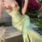 Vintage Green Floral Mermaid Spaghetti Strap Design Satin Prom Dress Evening Dress DP6235