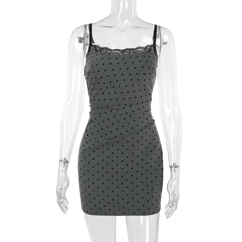 Vintage Gray Dot Pattern Spaghetti Strap Sheath Short Summer Dresses Party Dress Homecoming Dress DP6391