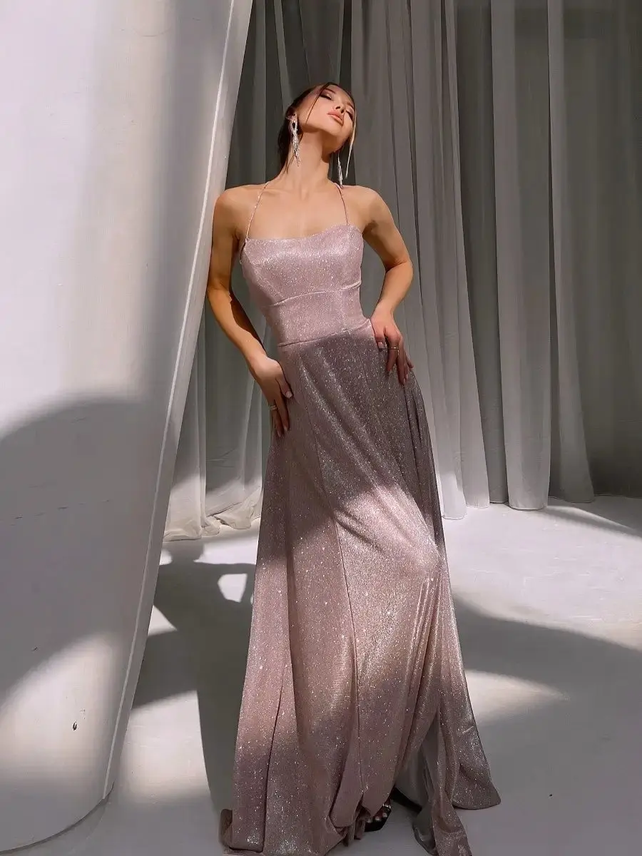 Elegant Glitter Spaghetti Strap A-Line Evening Dress DP8148