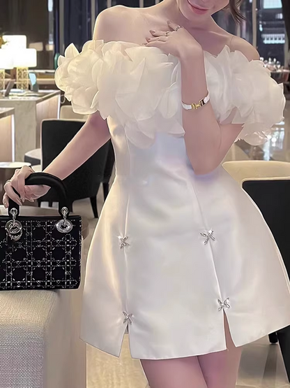 Elegant White Off-the-shoulder Beading Design A-line Party Dress Homecoming Dress, DP5851
