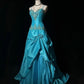 Vintage Turquoise Spaghetti Strap Beaded Embroidery Sweetheart Layered Taffeta Evening Gown DP7135