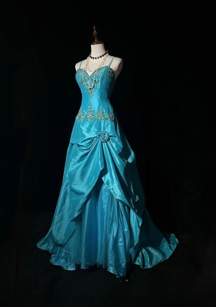 Vintage Turquoise Spaghetti Strap Beaded Embroidery Sweetheart Layered Taffeta Evening Gown DP7135