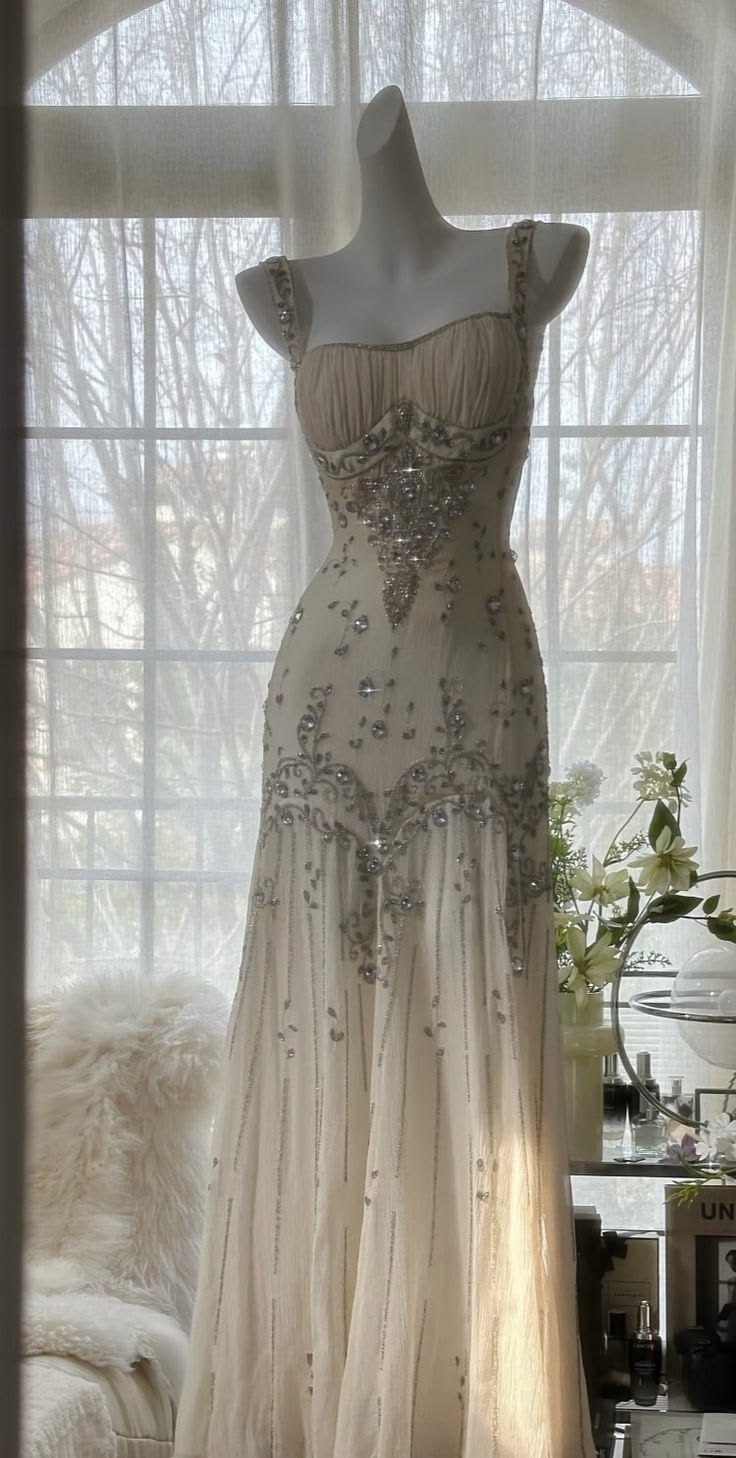 Elegantes Meerjungfrauen-Abendkleid DP8157 mit champagnerfarbenen Perlen und Spaghettiträgern